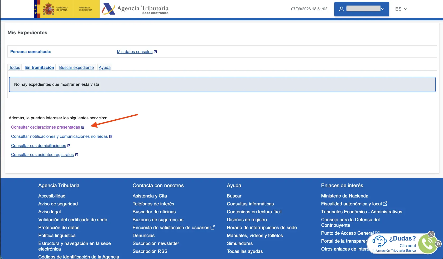 Посилання Consultar declaraciones presentadas у розділі Mis Expedientes