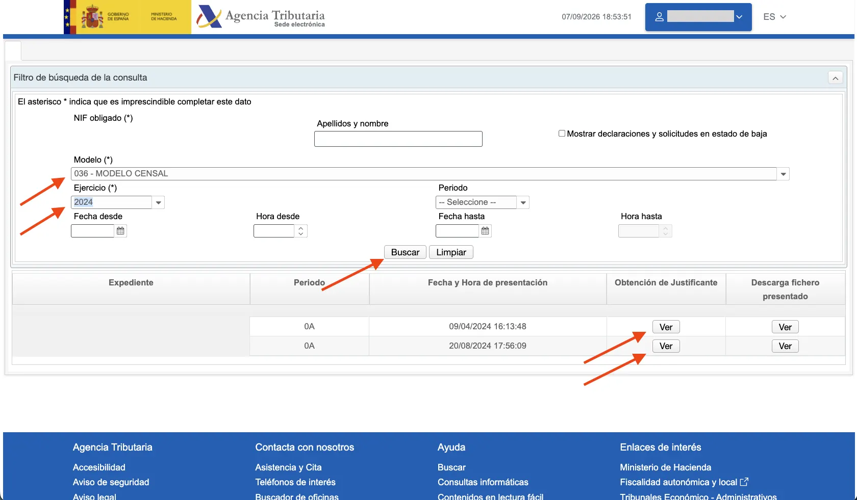 Пошук Modelo 036 за роком у списку поданих декларацій AEAT