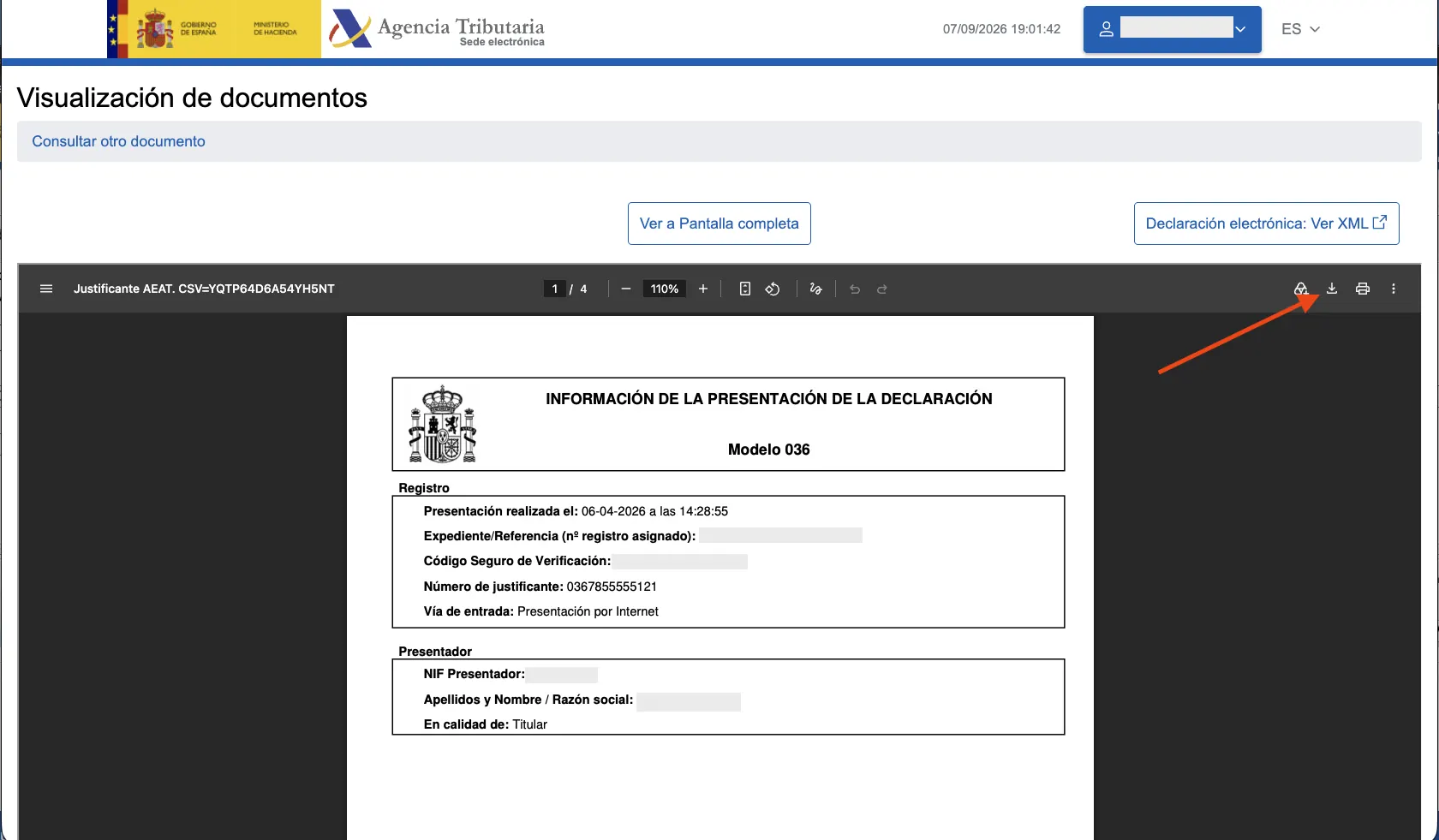 Кнопка завантаження PDF justificante Modelo 036 у переглядачі AEAT